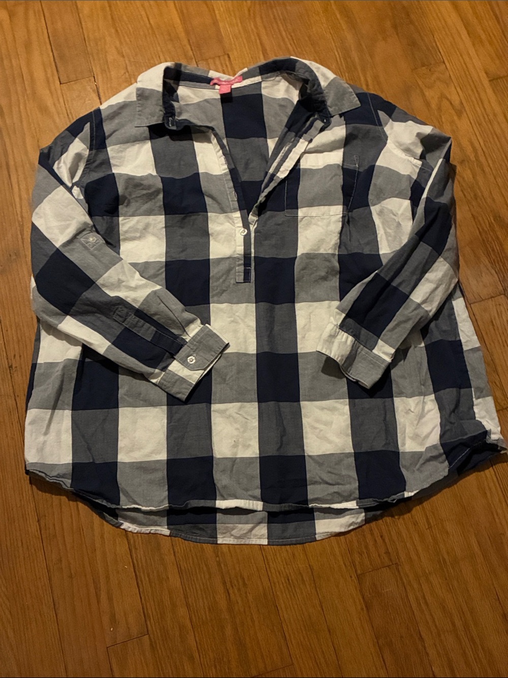 Woman Within Navy and White Plaid Half-Button Shirt